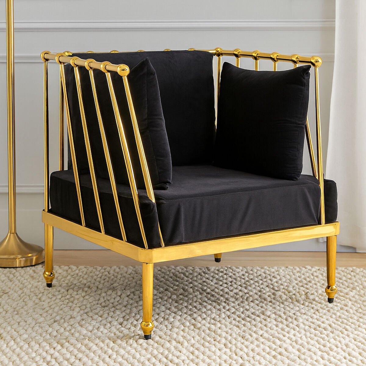 Orsina Novo Accent Chair | Gold Tapered Arms with Black Cushions
