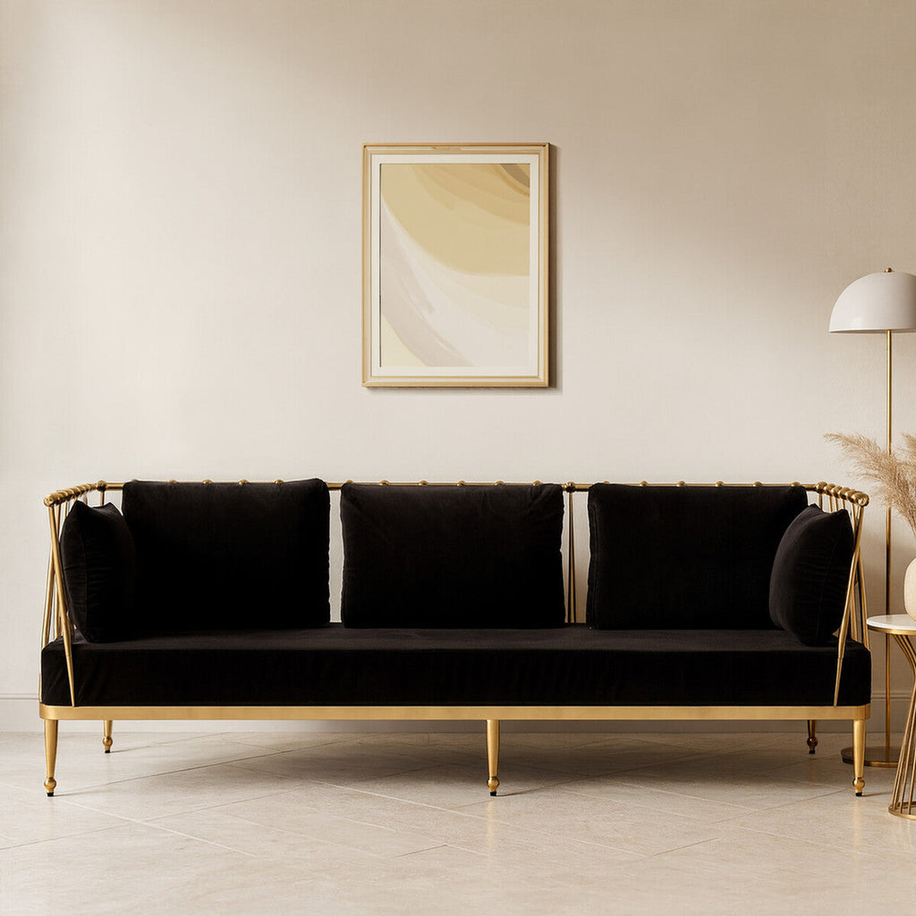 Orsina Novo 3 Seater Modern Sofa | Gold Finish with Black Cushions