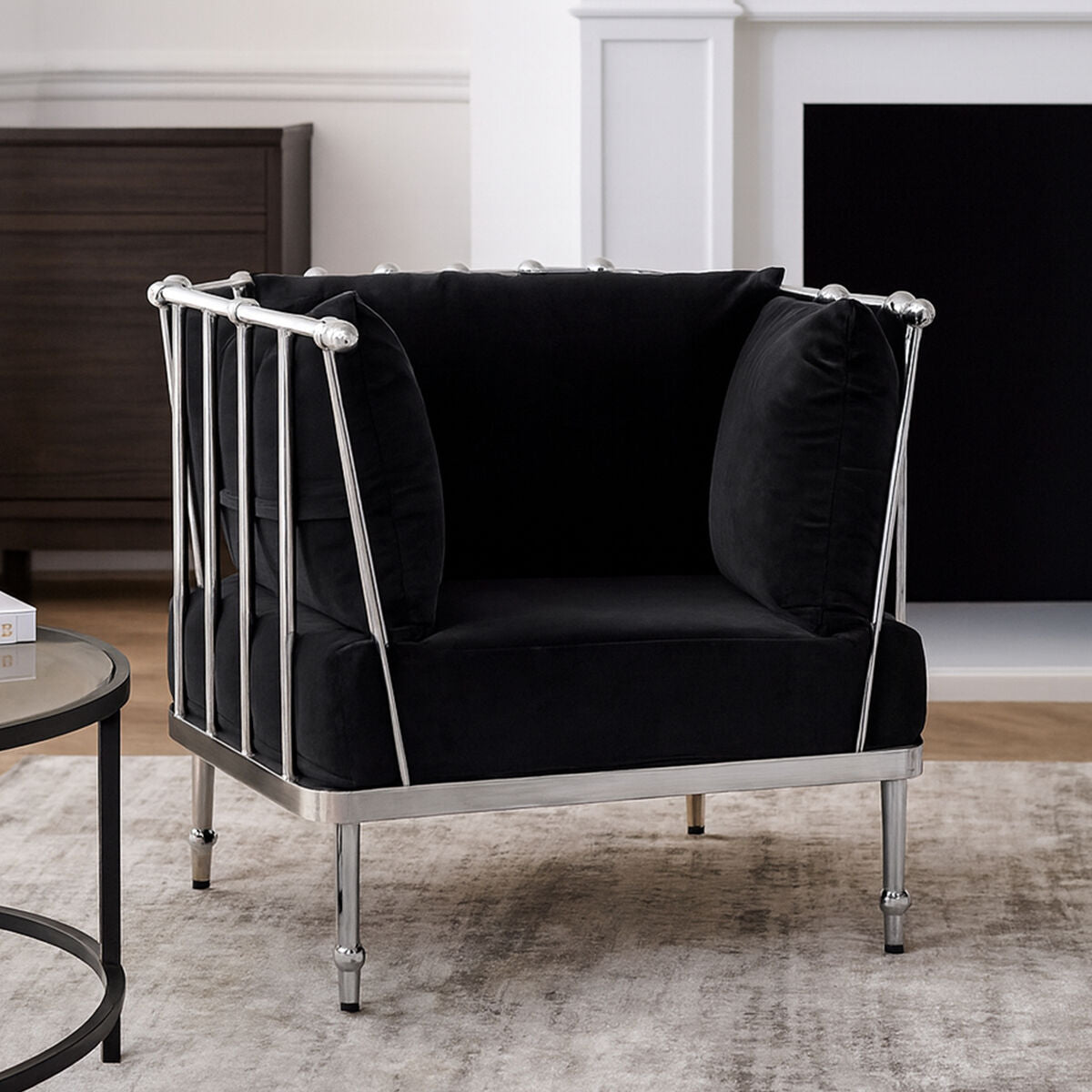Orsina Novo Accent Chair – Silver Metal Frame with Black Cushions