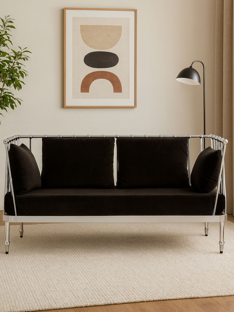 Orsina Novo 2-Seater Loveseat – Silver Finish Tapered Arms Sofa