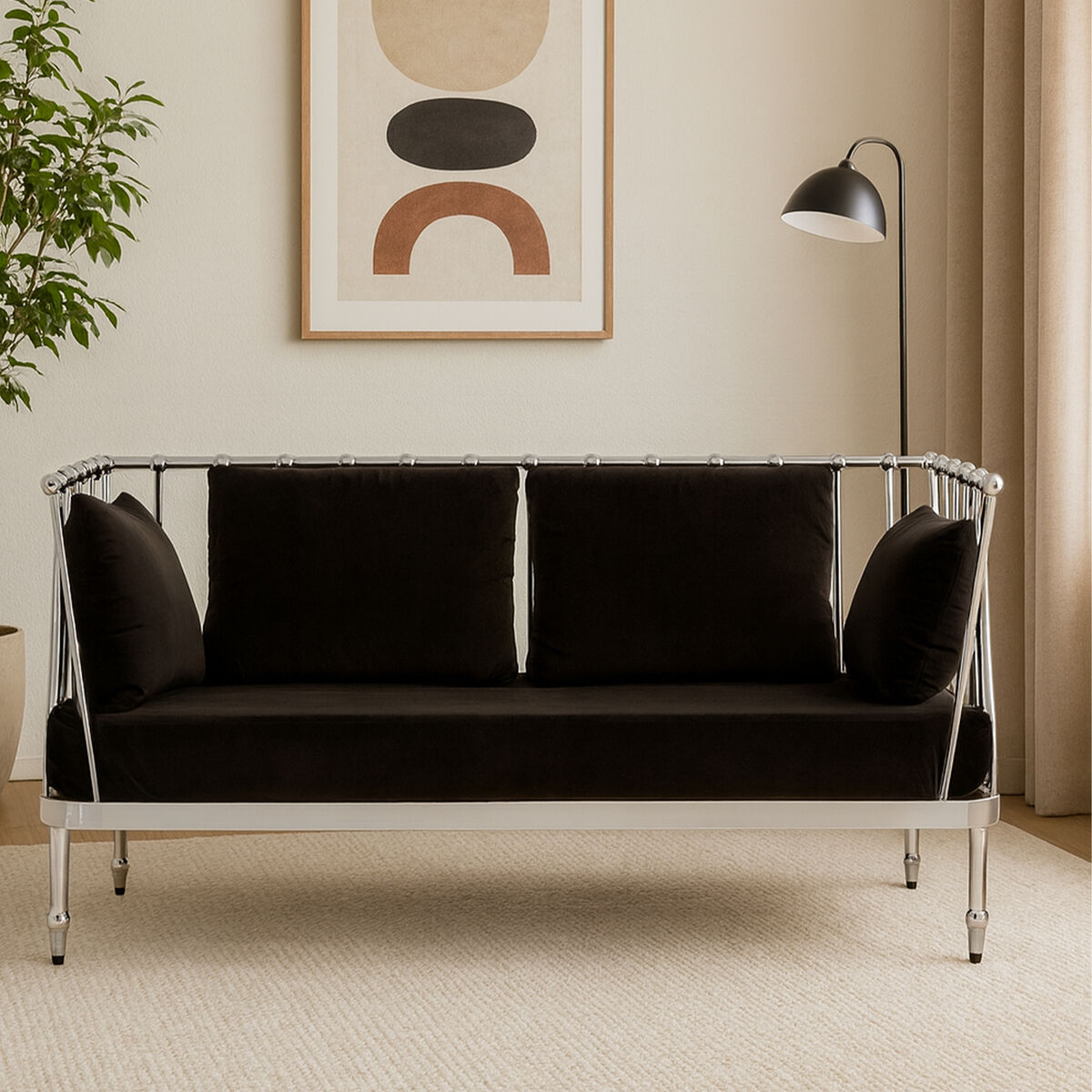 Orsina Novo 2-Seater Loveseat – Silver Finish Tapered Arms Sofa