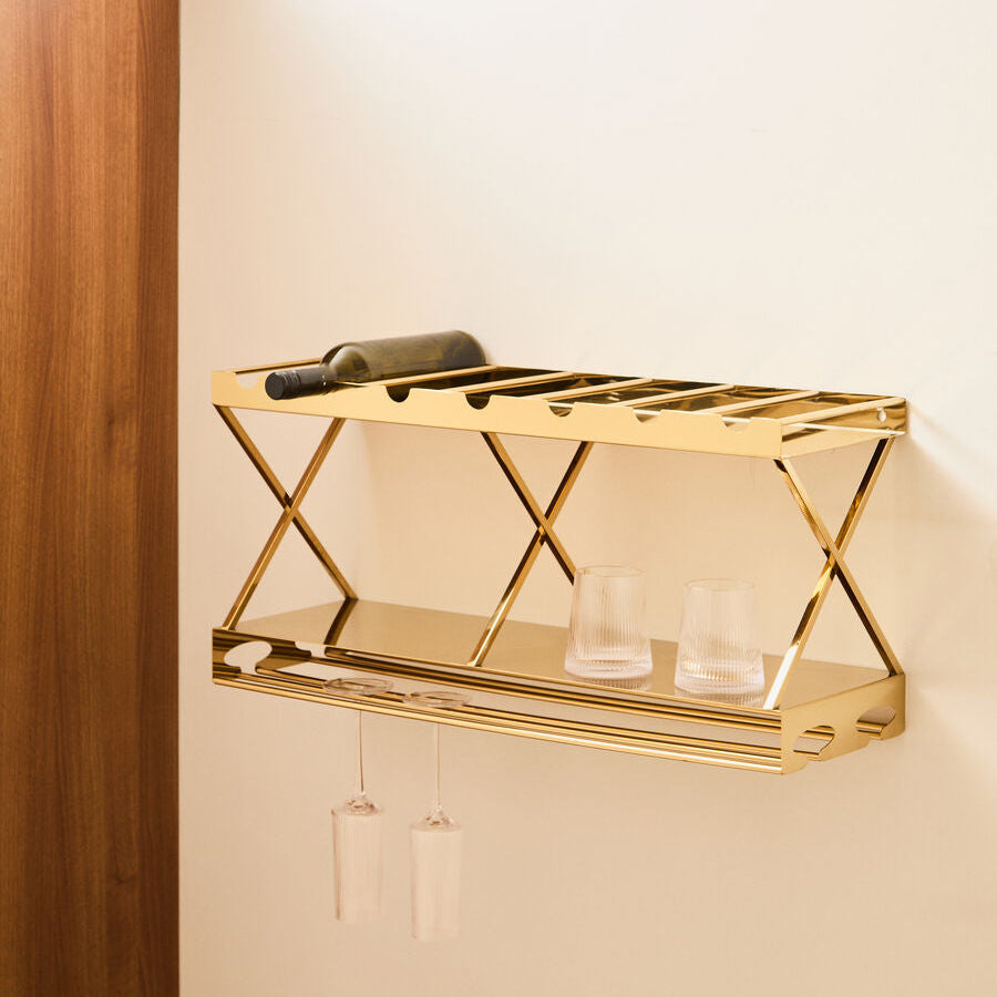 Orsina Novo 2-Tier 7-Bottle Gold Wine Rack with Stemware Holder