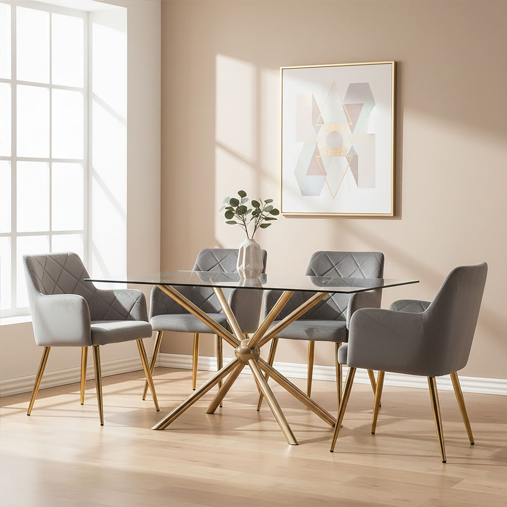 Orsina Novo Glass Dining Table – Rose Gold Rectangular Base