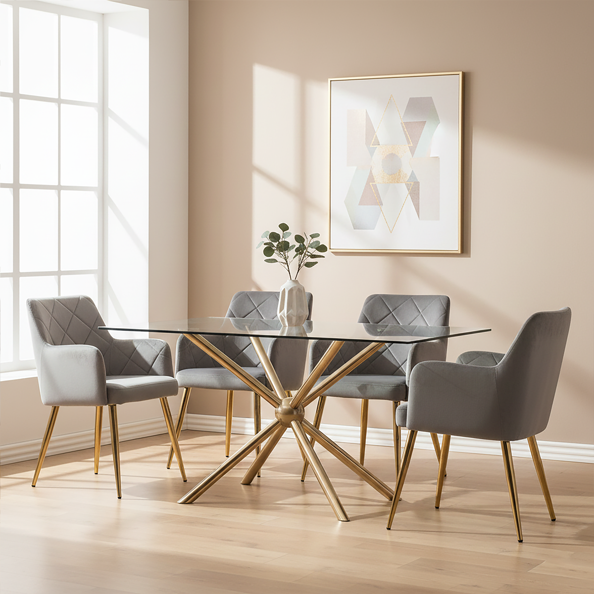 Orsina Novo Glass Dining Table – Rose Gold Rectangular Base