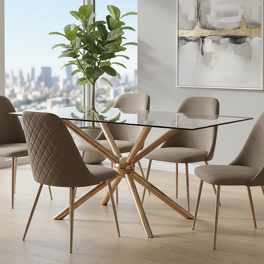 Orsina Novo Glass Dining Table – Rose Gold Rectangular Base