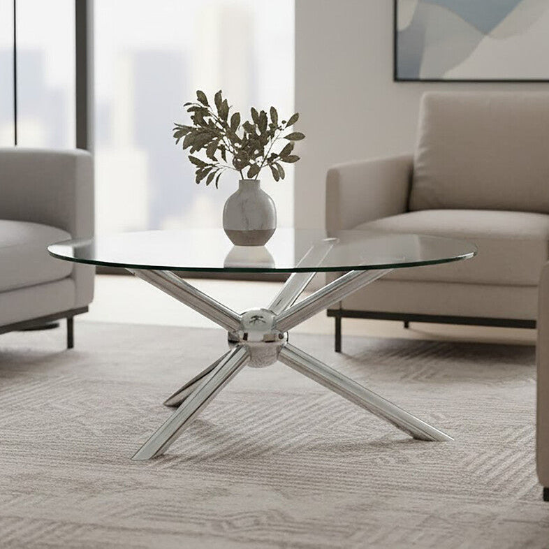 Orsina Novo Round Glass Coffee Table – Silver Stainless Steel Base