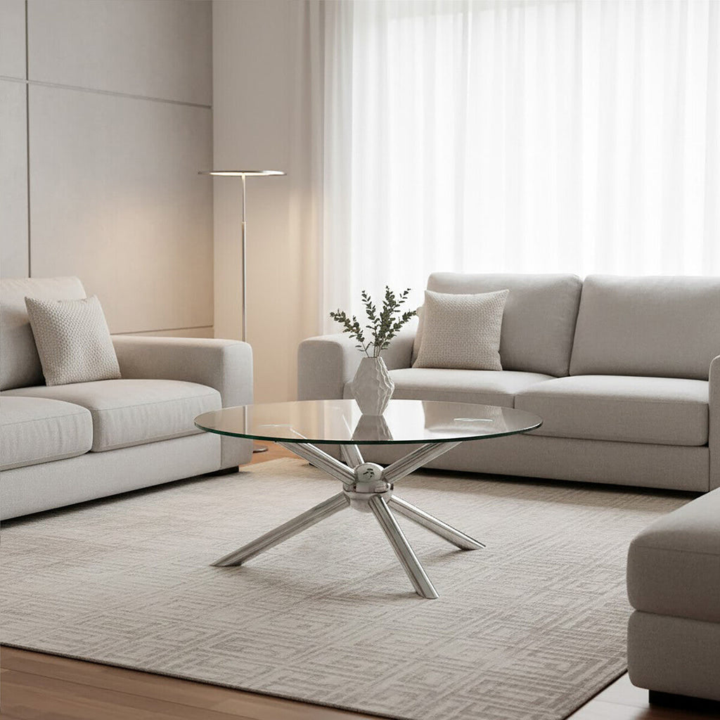 Orsina Novo Round Glass Coffee Table – Silver Stainless Steel Base