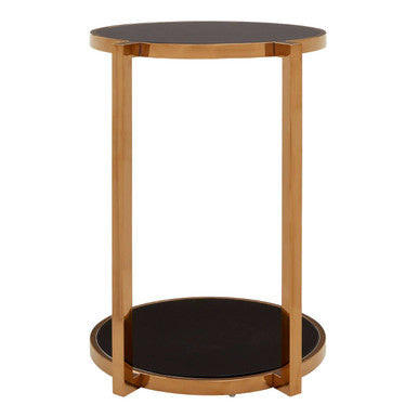 Orsina Novo Round 2-Tier Side Table – Black Glass & Gold Steel Frame