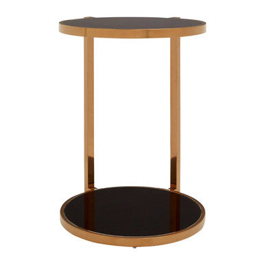 Orsina Novo Round 2-Tier Side Table – Black Glass & Gold Steel Frame