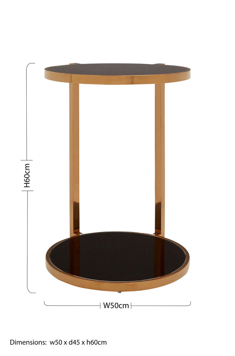 Orsina Novo Round 2-Tier Side Table – Black Glass & Gold Steel Frame