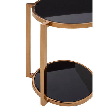 Orsina Novo Round 2-Tier Side Table – Black Glass & Gold Steel Frame