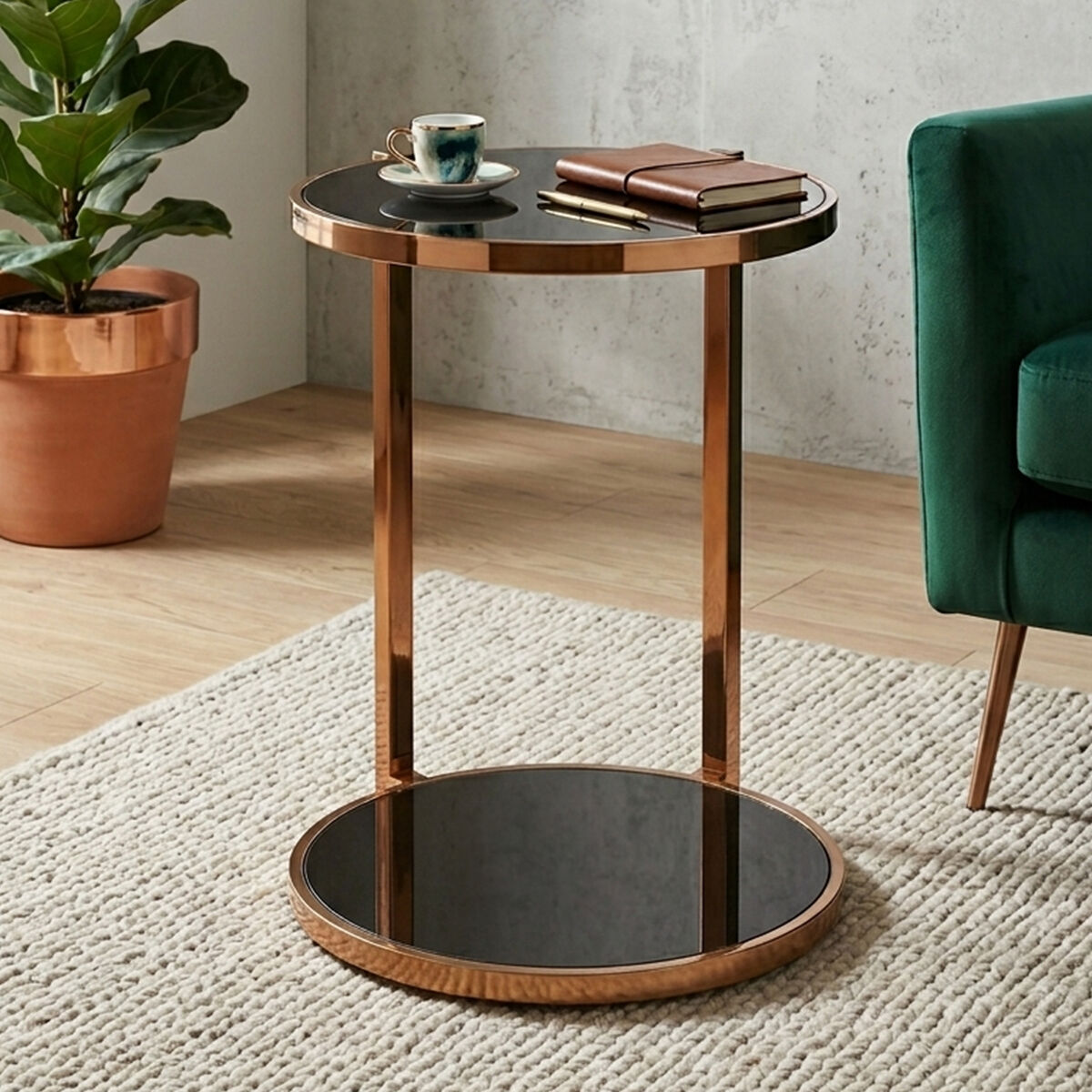 Orsina Novo Round 2-Tier Side Table – Black Glass & Gold Steel Frame