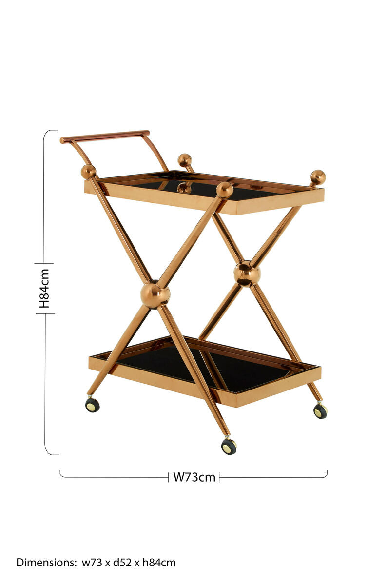 Orsina Novo 2-Tier Rose Gold Bar Trolley – Modern Glass Serving Cart