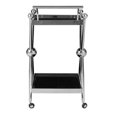 Orsina Novo 2-Tier Silver Bar Trolley – Black Glass Drinks Cart