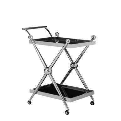 Orsina Novo 2-Tier Silver Bar Trolley – Black Glass Drinks Cart