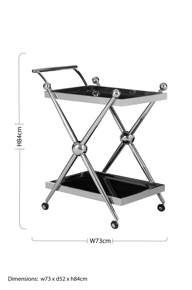 Orsina Novo 2-Tier Silver Bar Trolley – Black Glass Drinks Cart