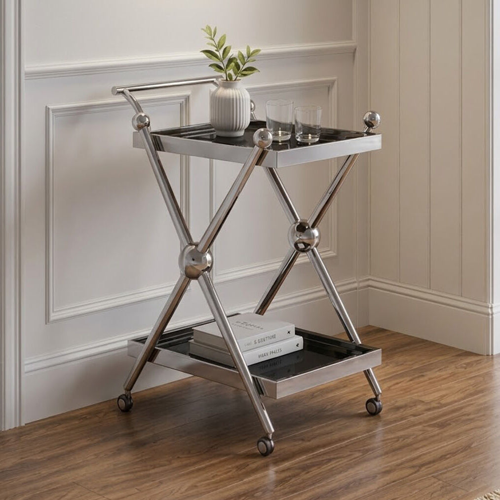 Orsina Novo 2-Tier Silver Bar Trolley – Black Glass Drinks Cart