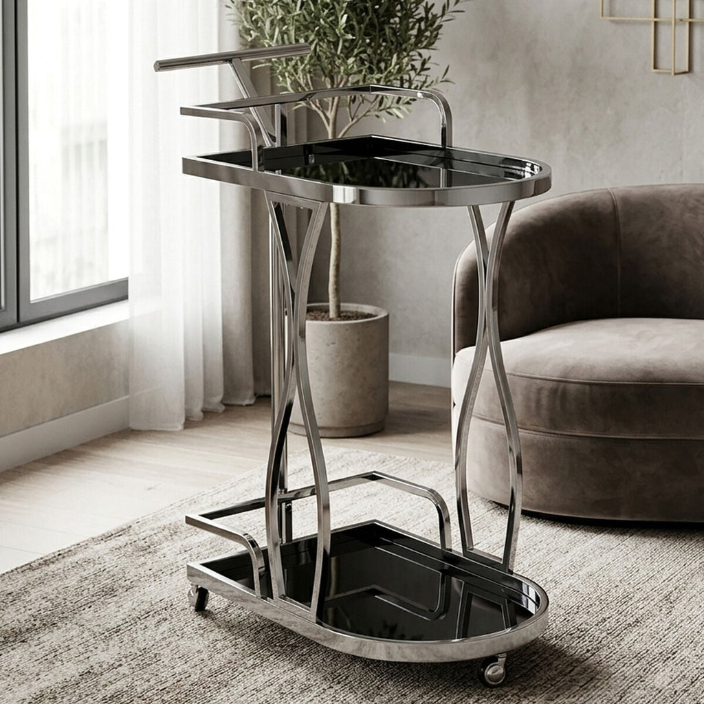 Orsina Novo 2-Tier Silver Serving Trolley – Wavy Design Bar Cart