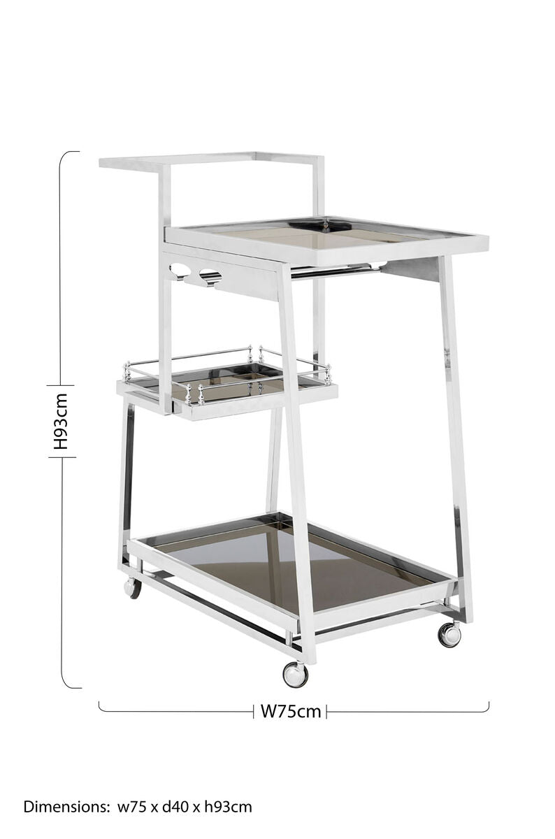 Orsina Novo 3-Tier Bar Trolley – Silver Finish & Black Tempered Glass