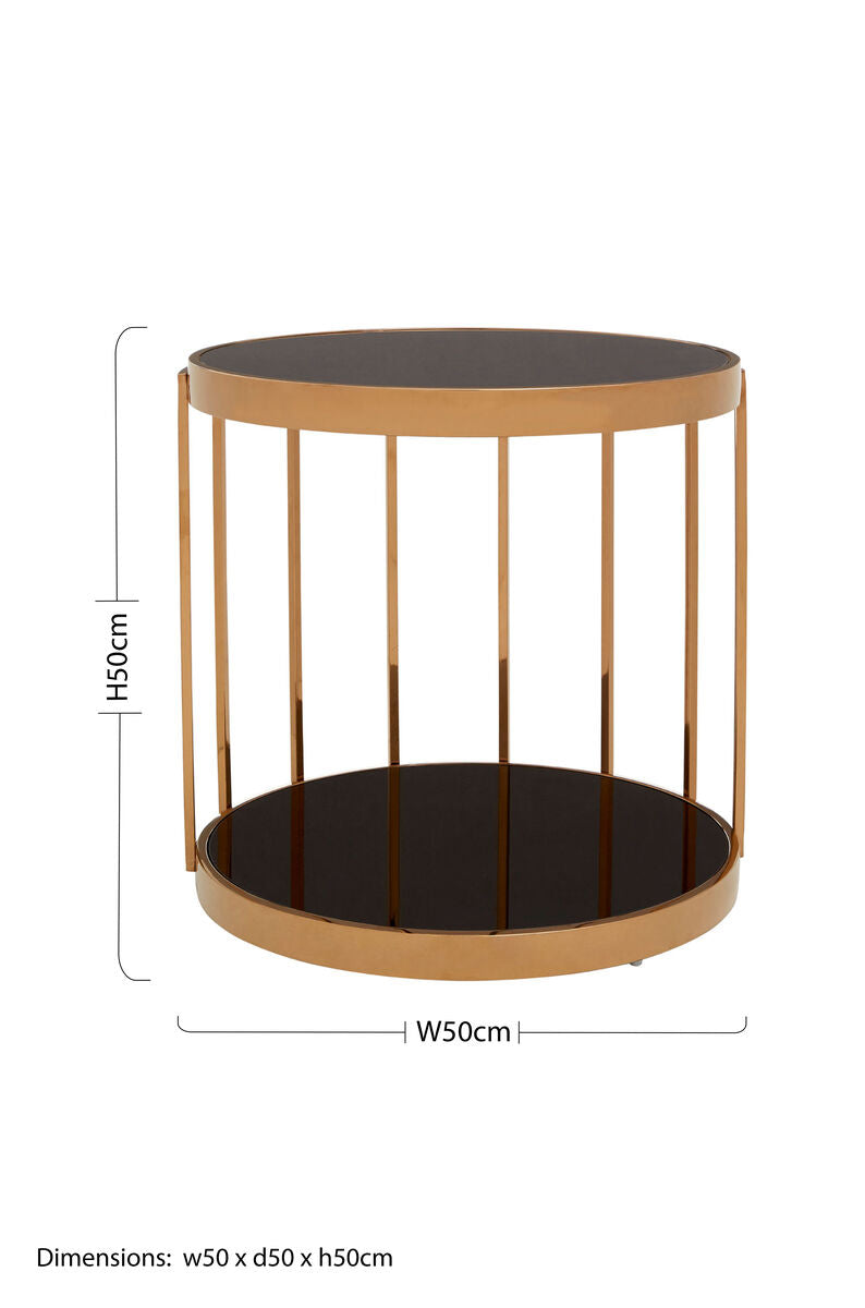 Orsina Novo Rose Gold Cage Side Table with Black Tempered Glass