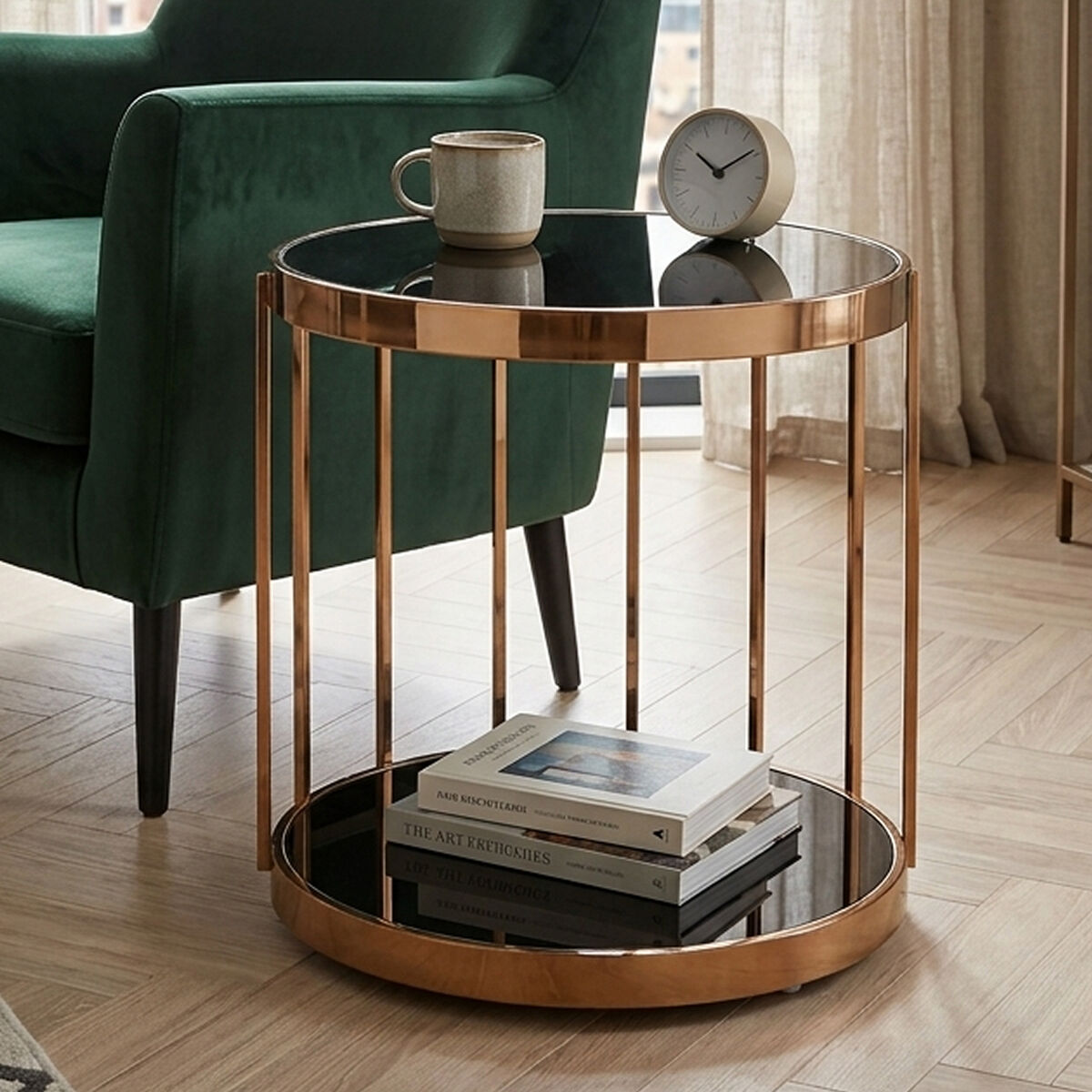 Orsina Novo Rose Gold Cage Side Table with Black Tempered Glass