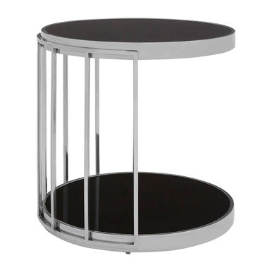Orsina Novo Silver Cage Side Table – Round Black Glass End Table