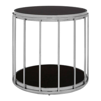 Orsina Novo Silver Cage Side Table – Round Black Glass End Table