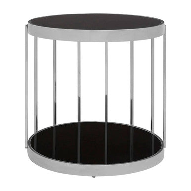 Orsina Novo Silver Cage Side Table – Round Black Glass End Table