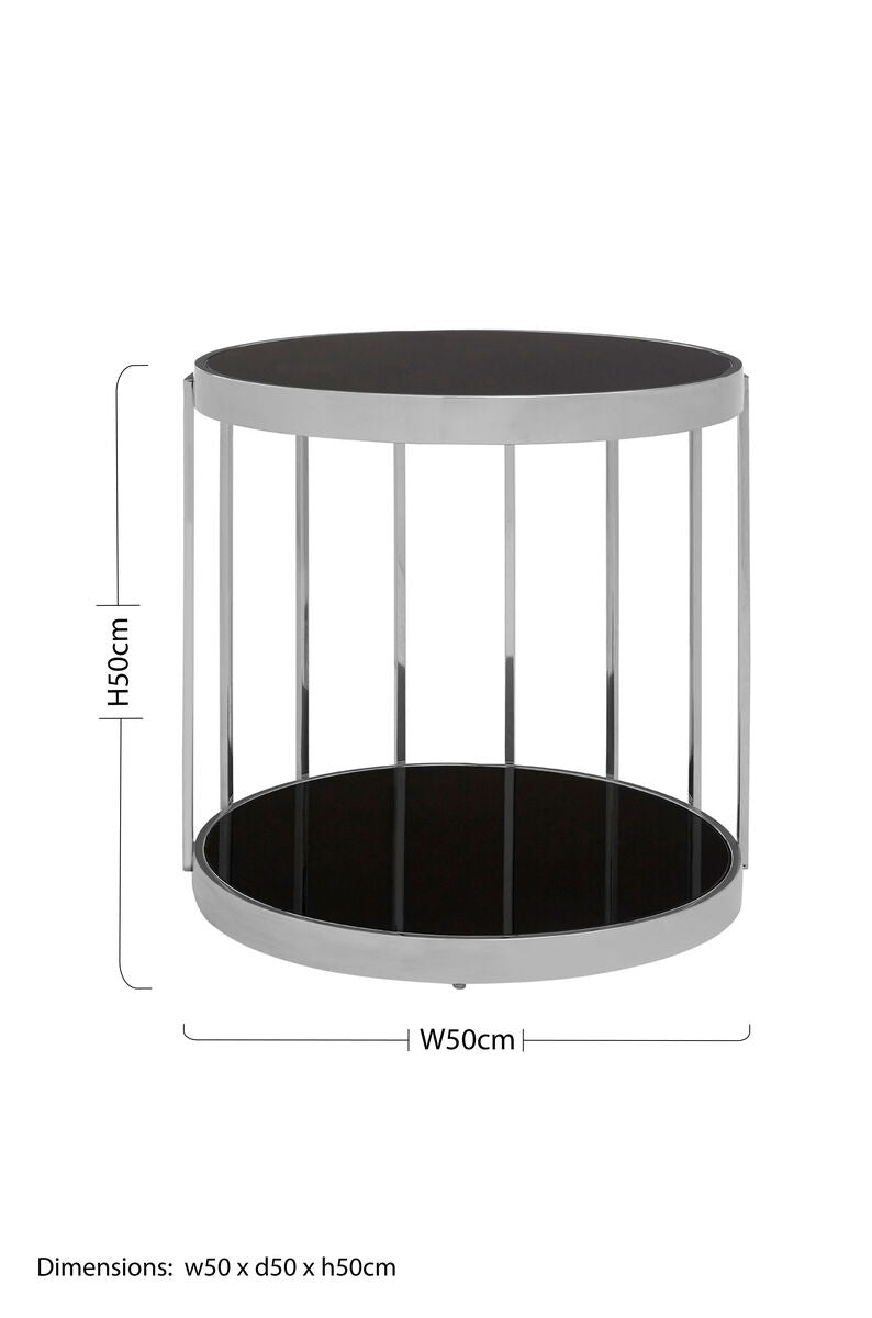 Orsina Novo Silver Cage Side Table – Round Black Glass End Table