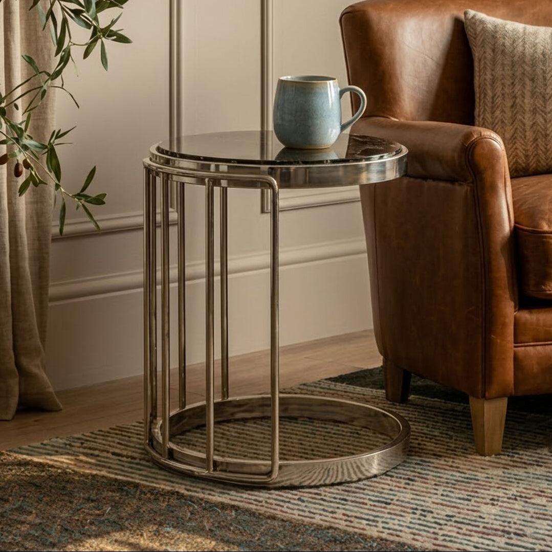 Orsina Novo Silver Cage Side Table – Round Black Glass End Table