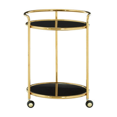 Orsina Novo Round Gold Bar Cart – Black Tempered Glass Serving Trolley
