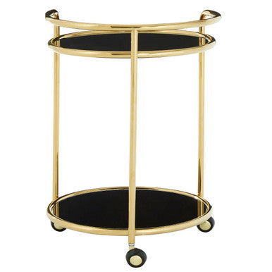Orsina Novo Round Gold Bar Cart – Black Tempered Glass Serving Trolley
