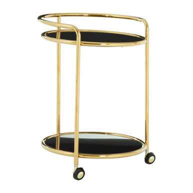 Orsina Novo Round Gold Bar Cart – Black Tempered Glass Serving Trolley