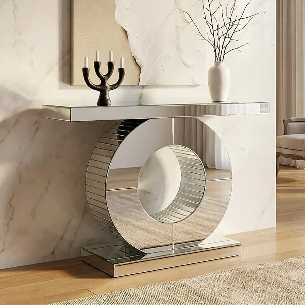 Orsina Gianara Mirrored Console Table – Silver Sculptural Entryway Table