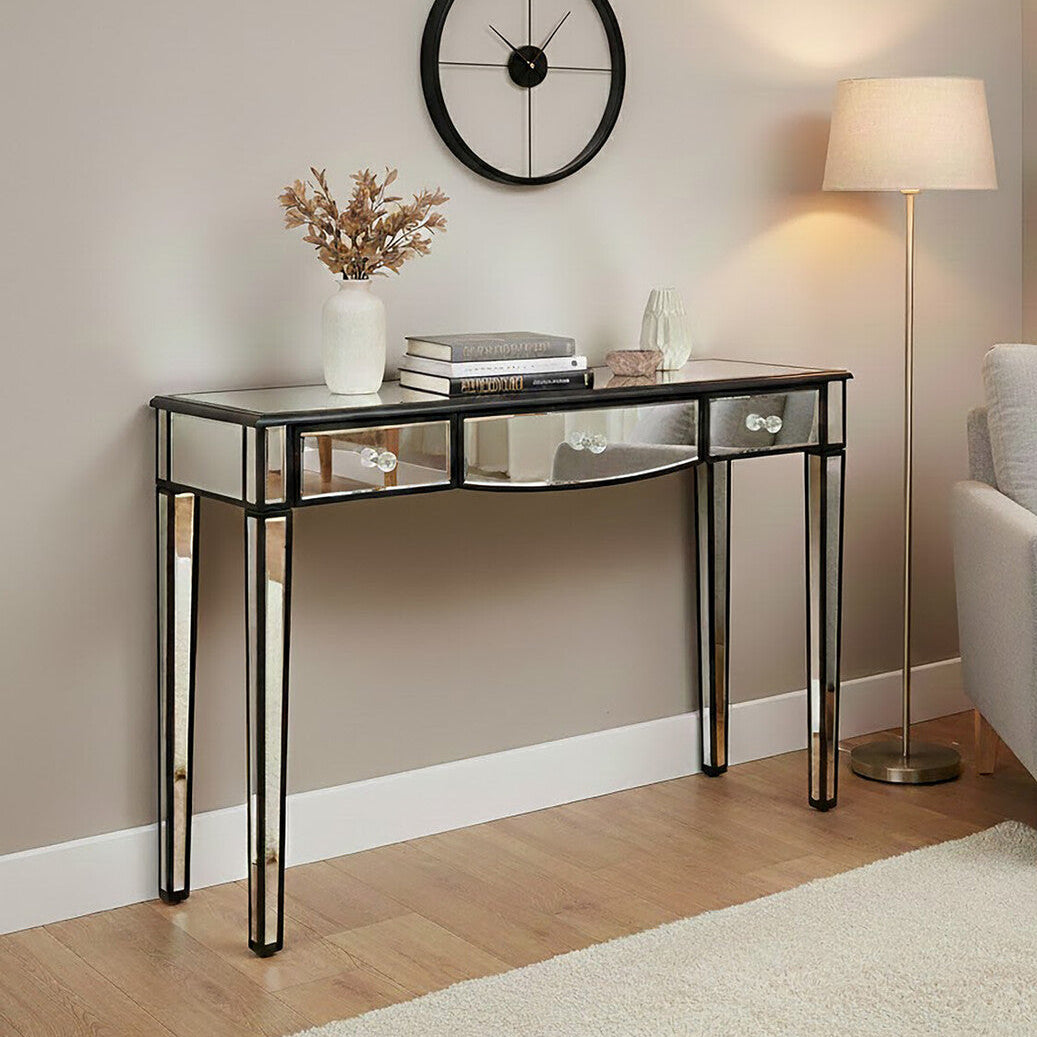 Orsina Graciela Mirrored 3-Drawer Console Table with Black Trim