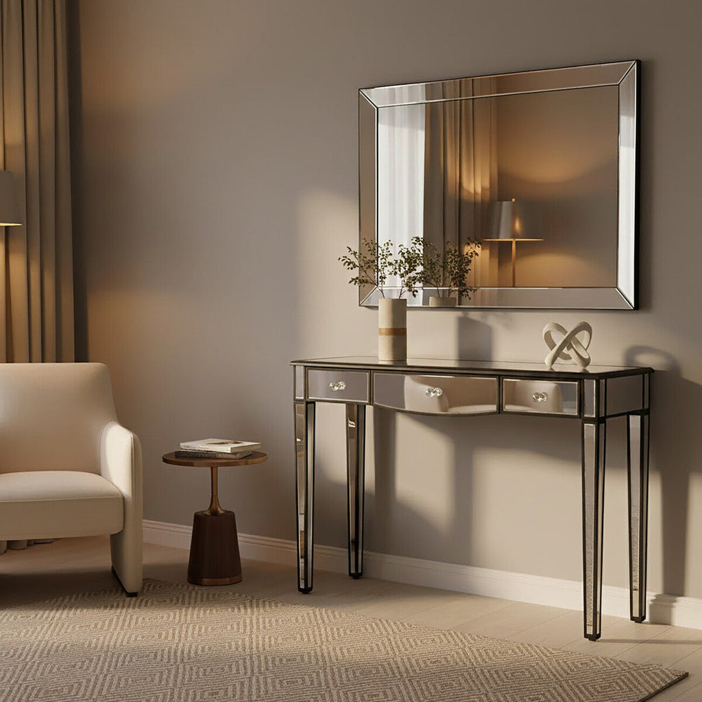 Orsina Graciela Mirrored 3-Drawer Console Table with Black Trim