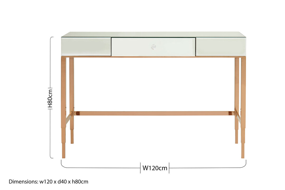 Orsina Goldie Console Table – Mirrored Top & Drawer in Rose Gold