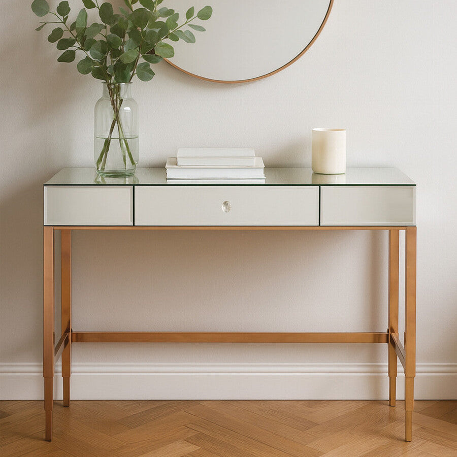Orsina Goldie Console Table – Mirrored Top & Drawer in Rose Gold