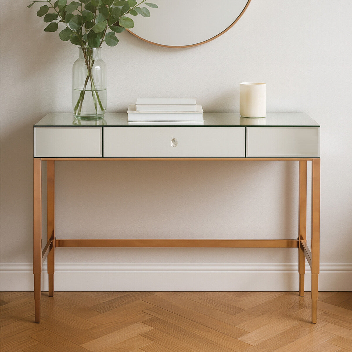 Orsina Goldie Console Table – Mirrored Top & Drawer in Rose Gold