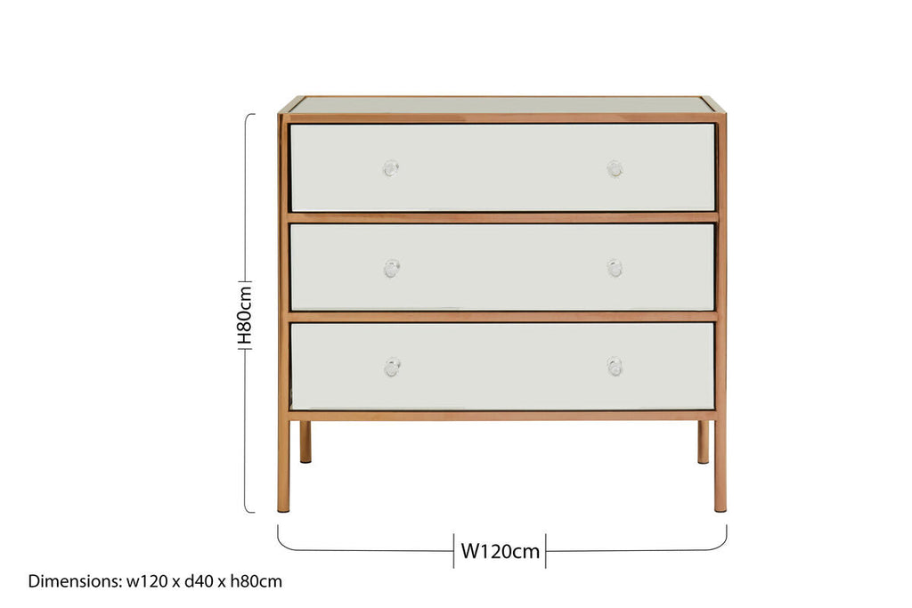 Orsina Goldie 3 Drawer Chest – Mirrored Glam Bedroom Storage in Gold