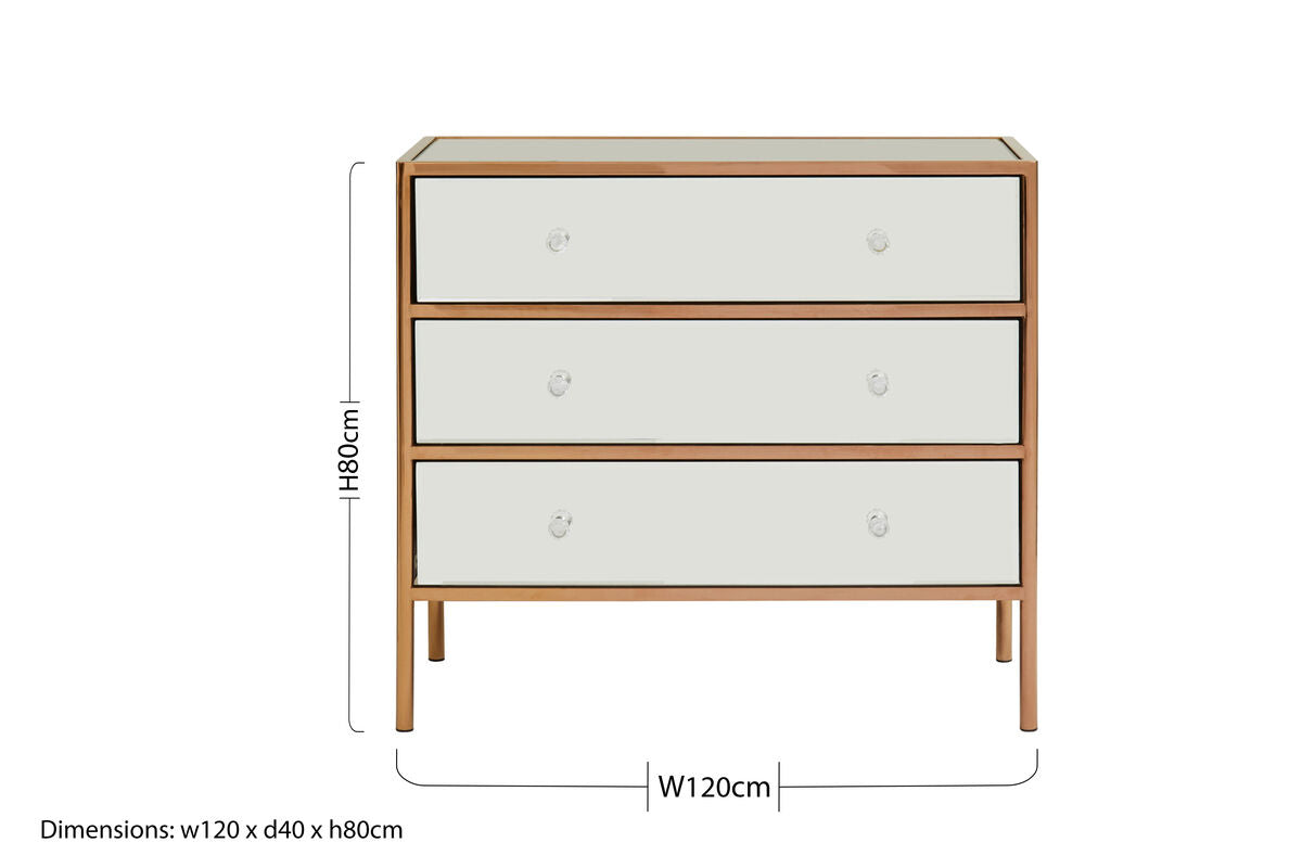 Orsina Goldie 3 Drawer Chest – Mirrored Glam Bedroom Storage in Gold