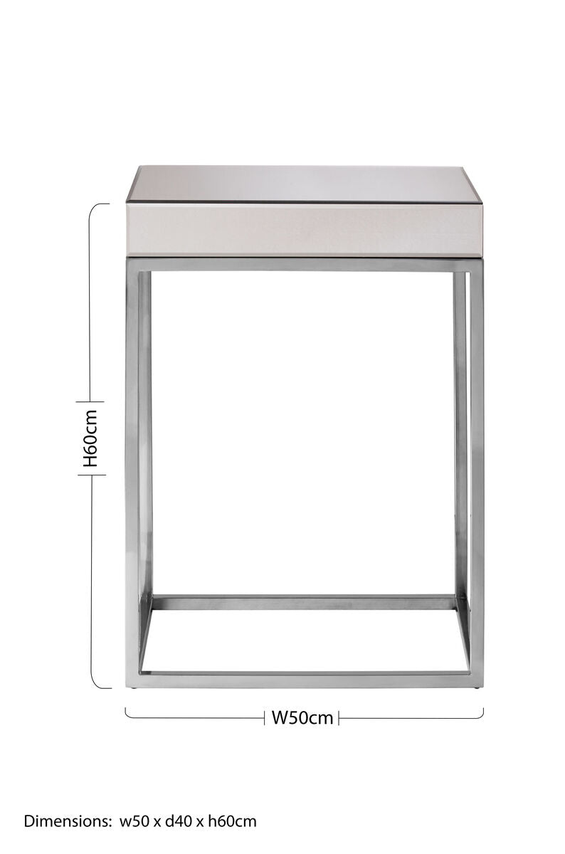 Orsina Gianna Mirrored Side Table – Silver Wood and Stainless Steel