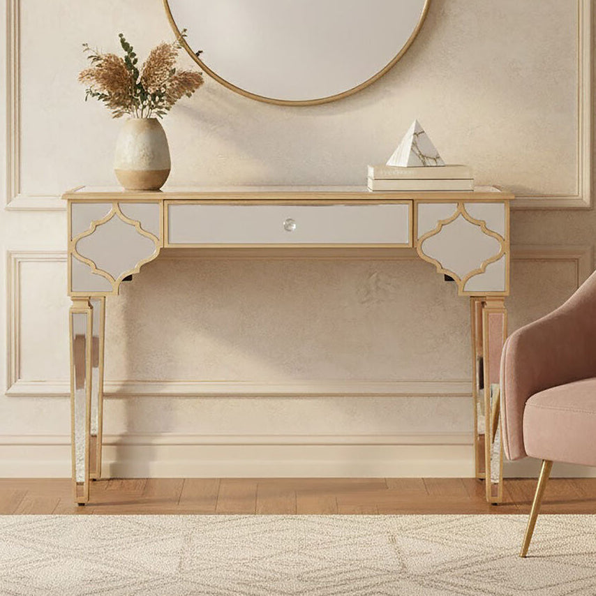 Orsina Grazia Gold Console Table – Mirrored 1-Drawer Entryway Desk