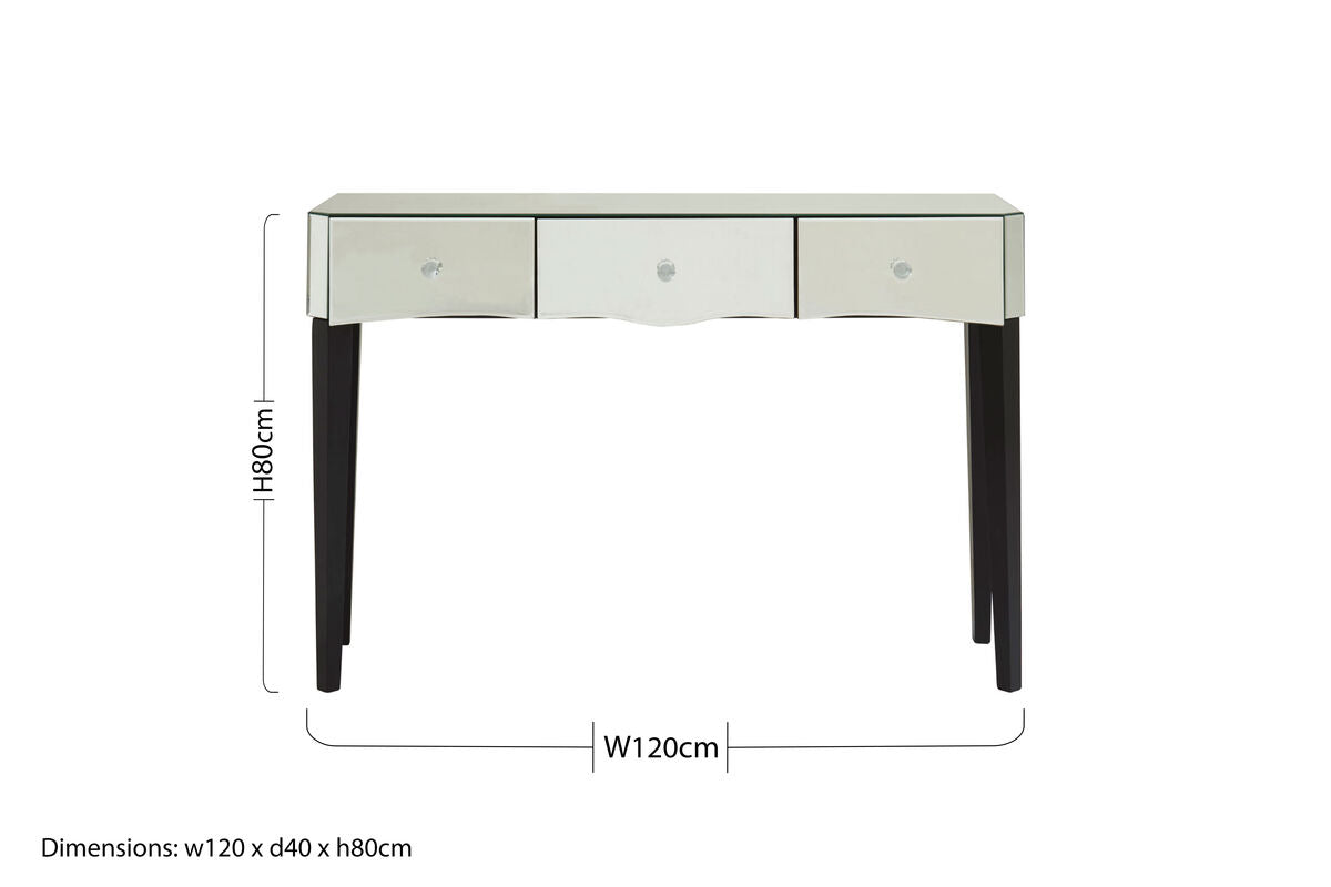 Orsina Gabriella Mirrored Console Table | 3-Drawer Black Wood Legs