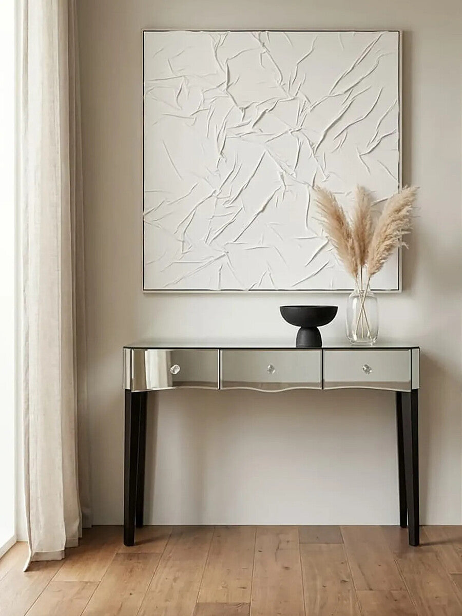 Orsina Gabriella Mirrored Console Table | 3-Drawer Black Wood Legs
