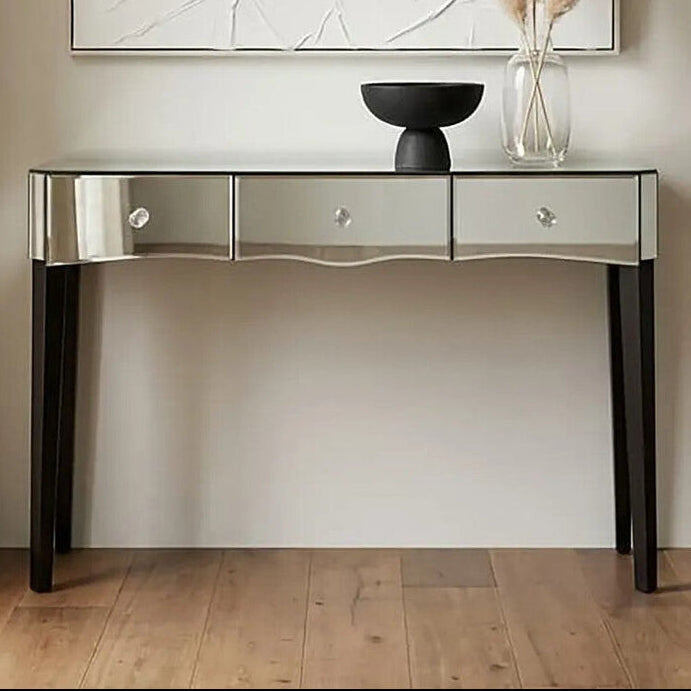 Orsina Gabriella Mirrored Console Table | 3-Drawer Black Wood Legs