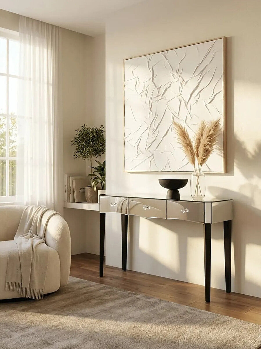 Orsina Gabriella Mirrored Console Table | 3-Drawer Black Wood Legs