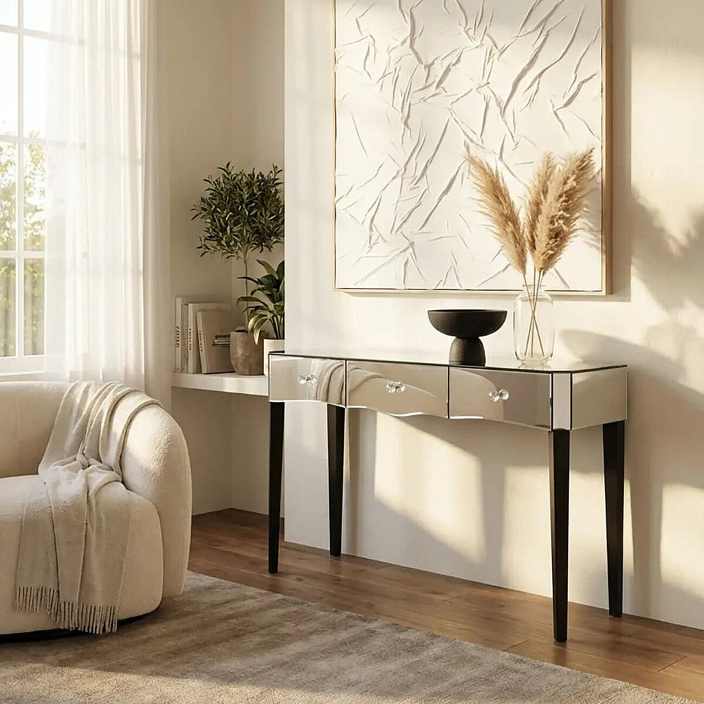 Orsina Gabriella Mirrored Console Table | 3-Drawer Black Wood Legs