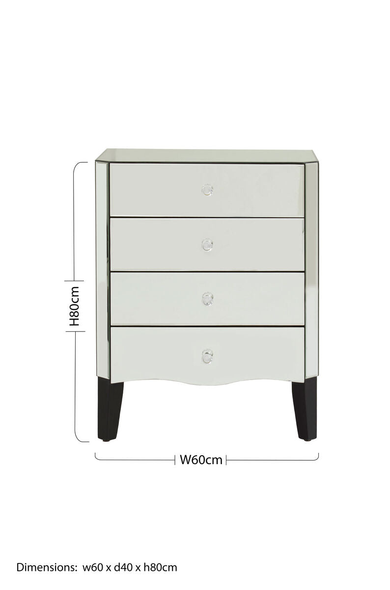 Orsina Gabriella Mirrored Chest of 4 Drawers | Black Carved Legs