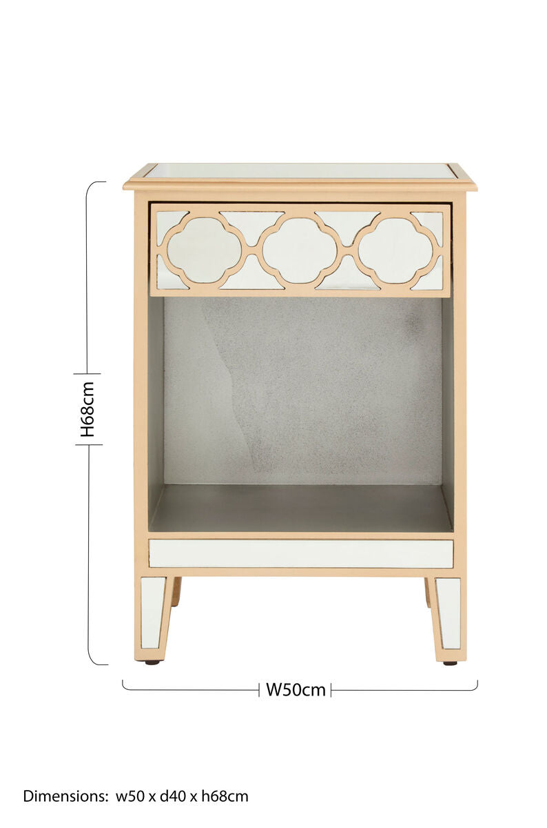 Orsina Grazia Gold Mirrored Side Table with Drawer and Shelf